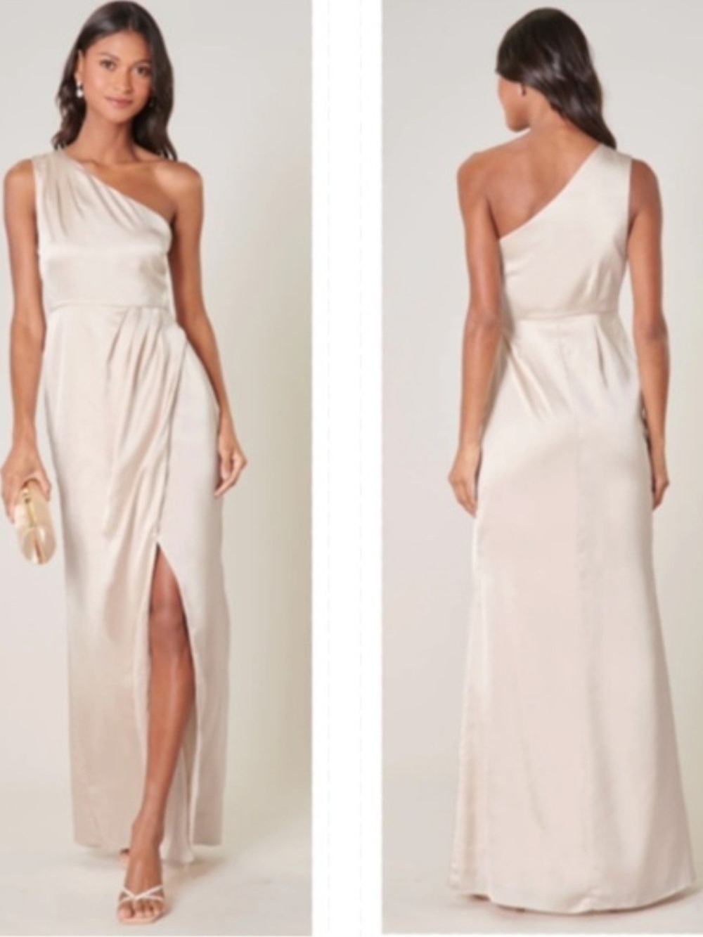 One-Shoulder Satin Evening Gown in Champagne